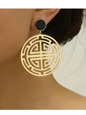Gold Tone Cutout Medallion Drop Earrings with Black Accent New